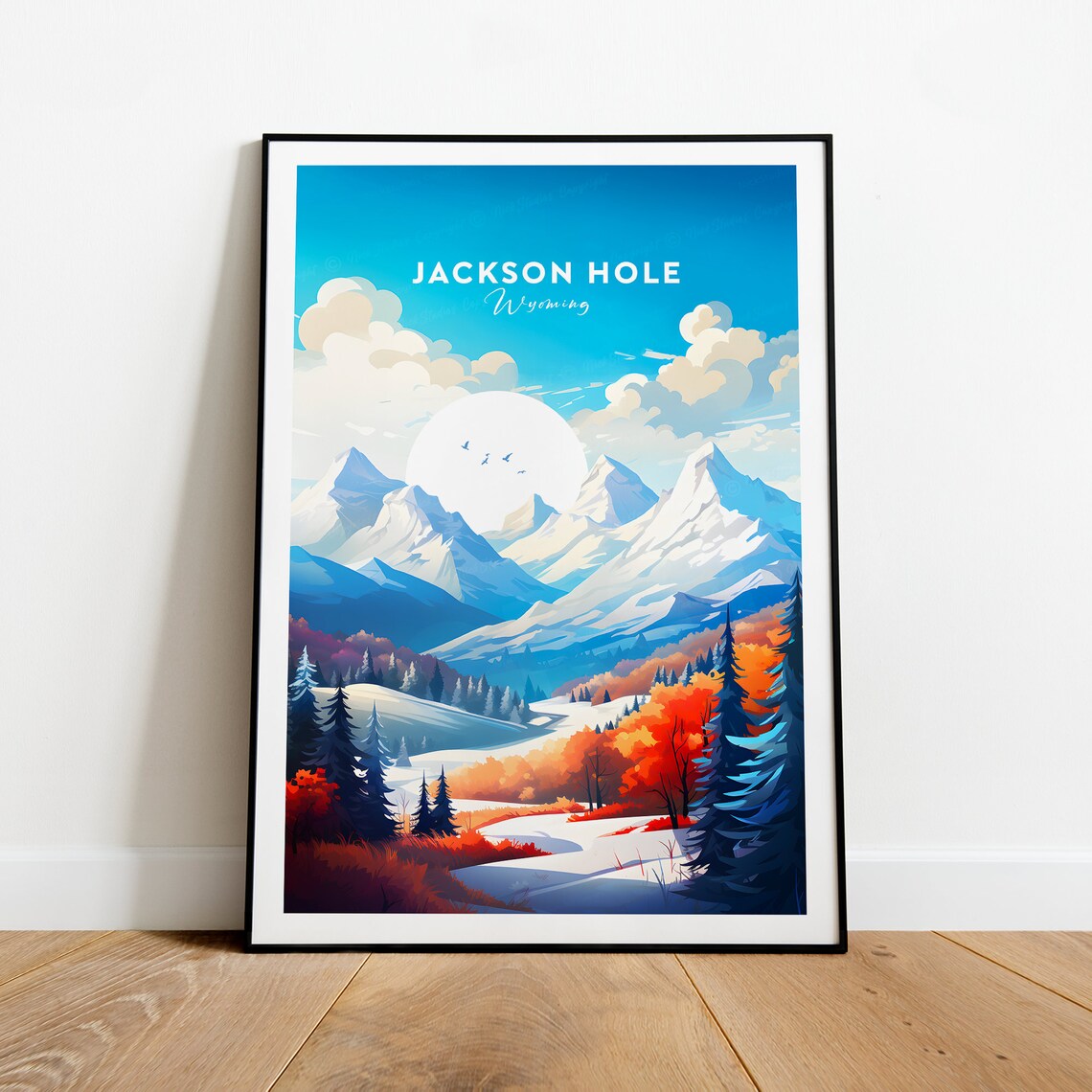 Jackson Hole Wyoming Snowy Mountain Peaks Autumn Pines Travel Poster - Image 2