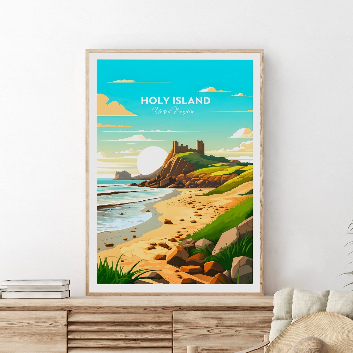 Holy Island Lindisfarne Castle Beach Northumberland Travel Poster