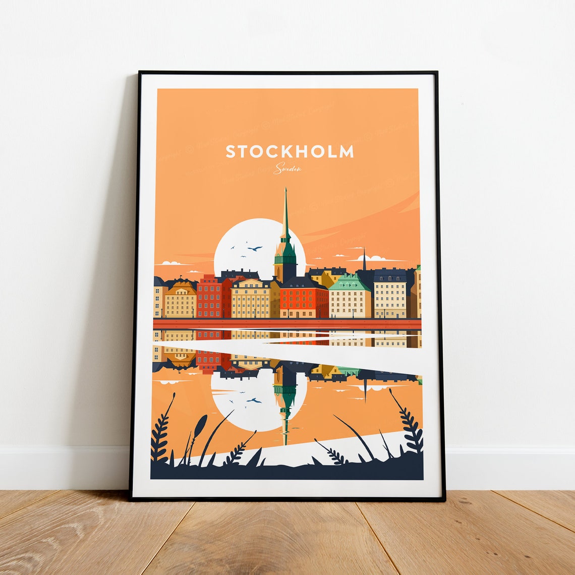 Stockholm Sweden Sunset Harbor Reflection Vintage Travel Poster