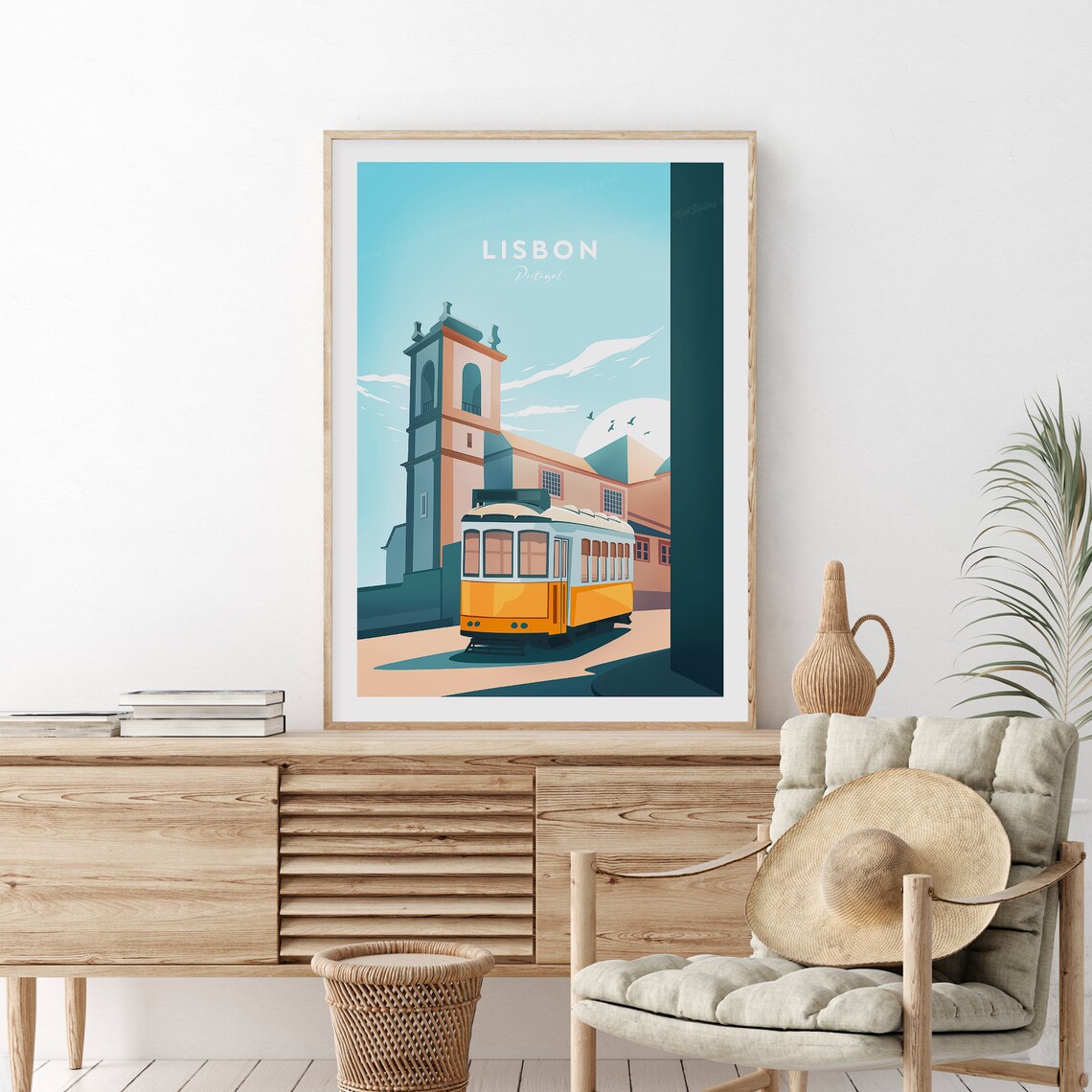 Lisbon Portugal Yellow Tram Historic Bell Tower Street Travel Poster