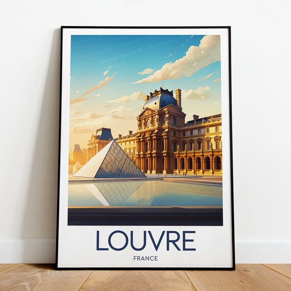 Louvre Paris France Museum Glass Pyramid Palace Sunset Travel Poster