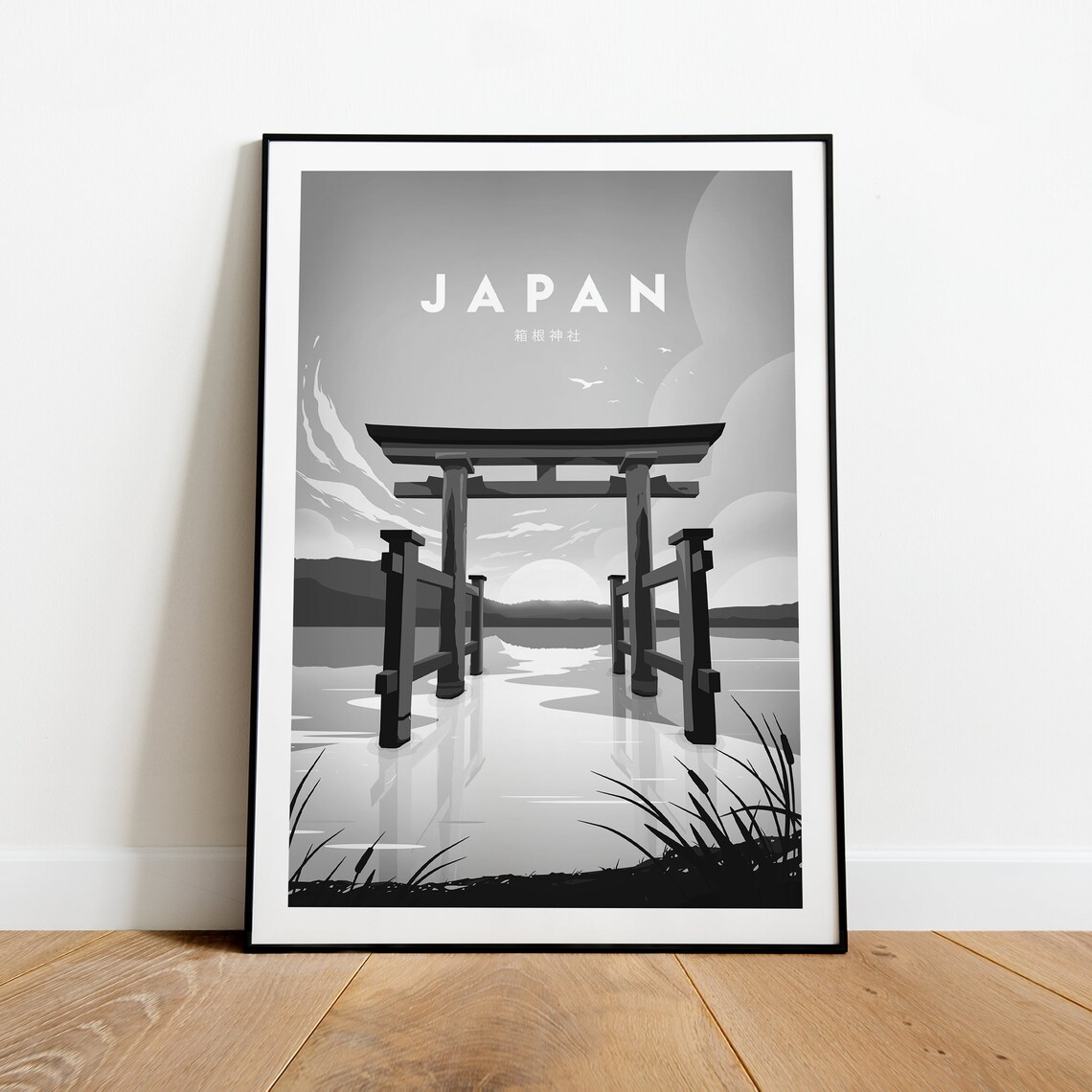 Japan Torii Gate Lake Minimalist Black White Travel Art Poster - Image 2