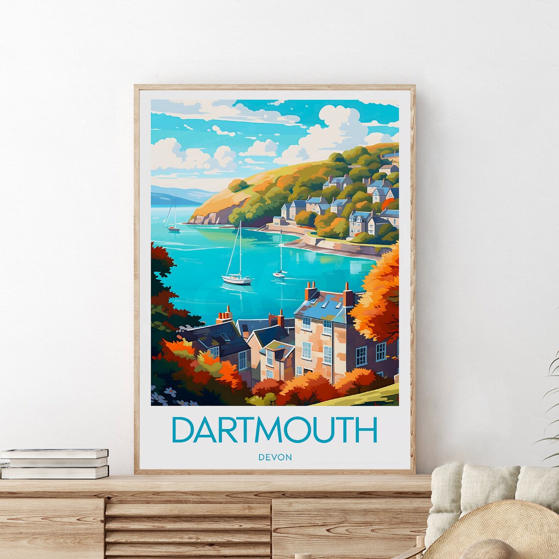 Dartmouth Devon Sailboat Harbor Coastal Town Scene Travel Poster