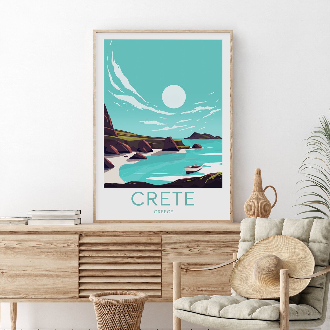 Crete Greece Rocky Cove Turquoise Sea Boat Coastal Travel Poster