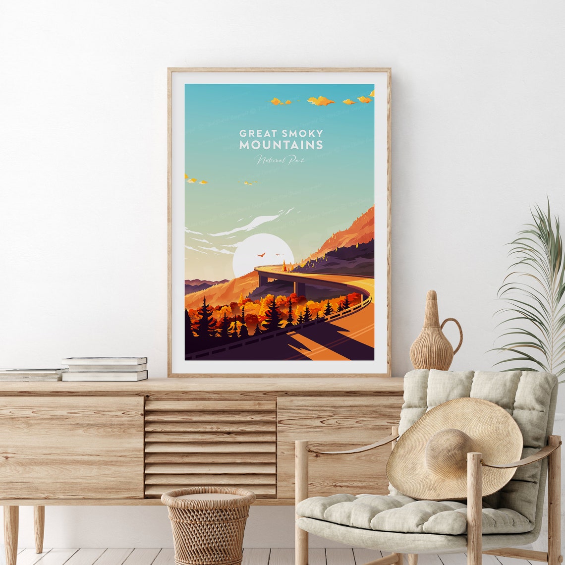 Great Smoky Mountains Sunset Road In-Art Caption Travel Poster - Image 2