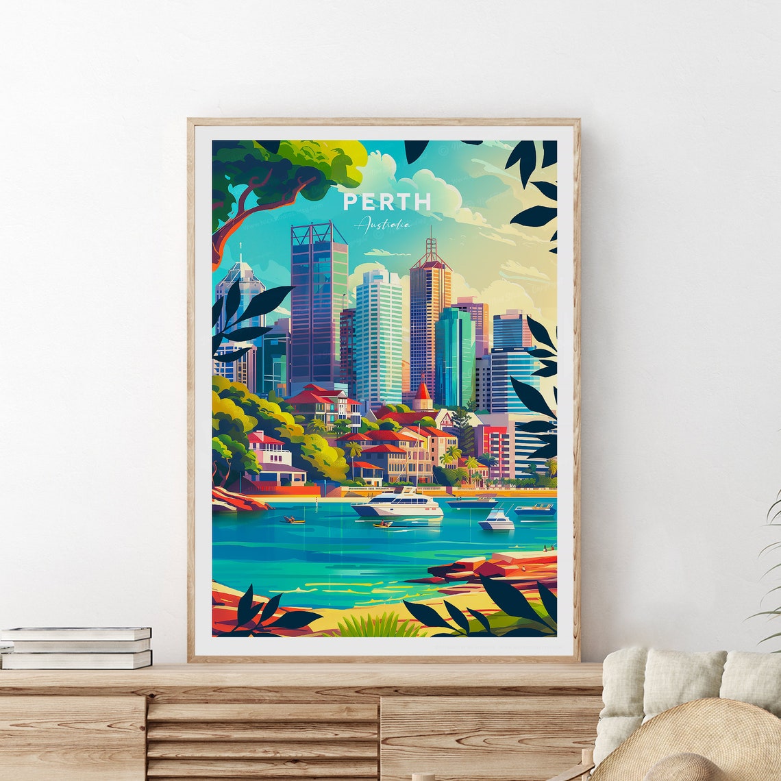 Perth Australia City Skyline Over the Water Sunset Travel Poster