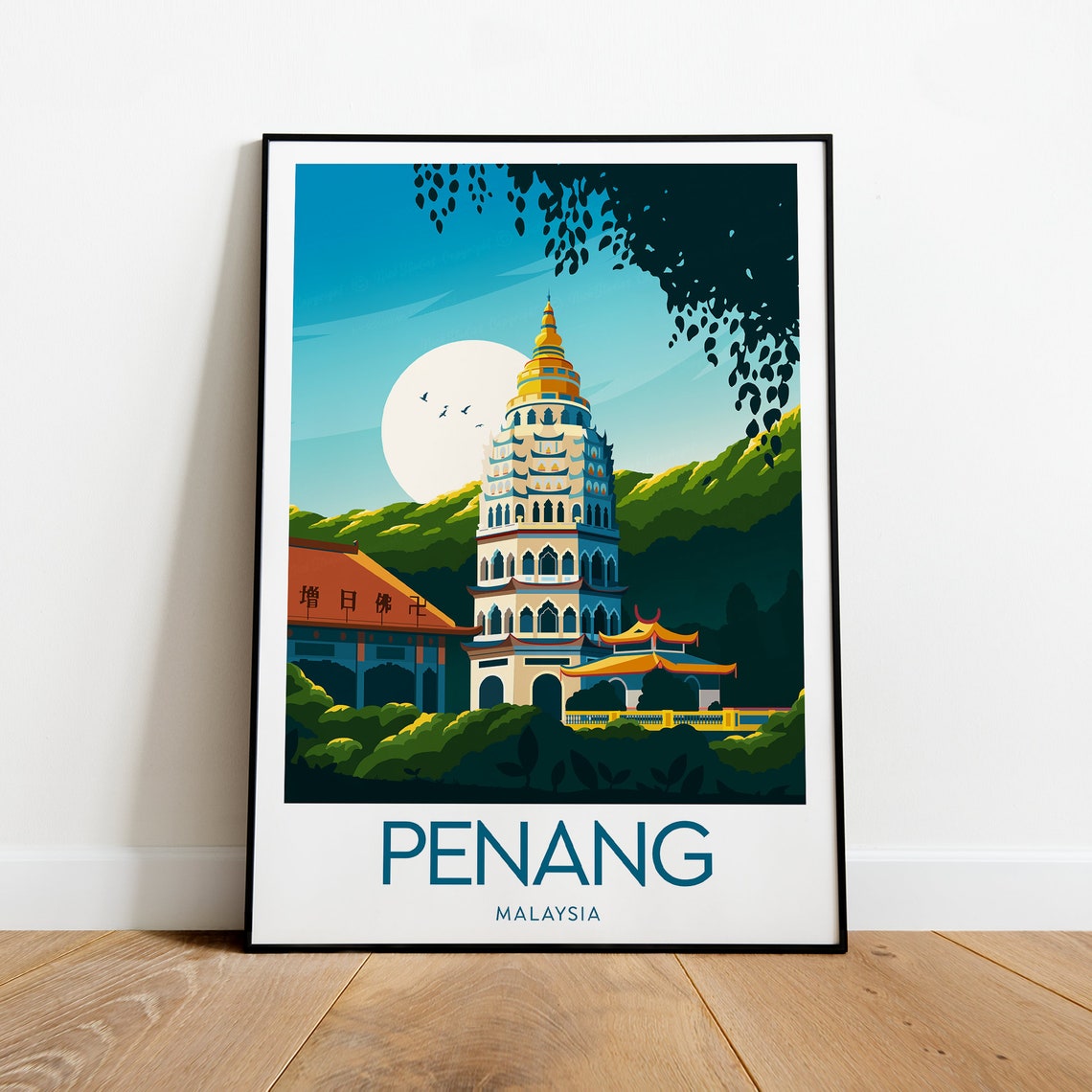 Penang Kek Lok Si Pagoda Temple Rising Sun Malaysia Travel Poster