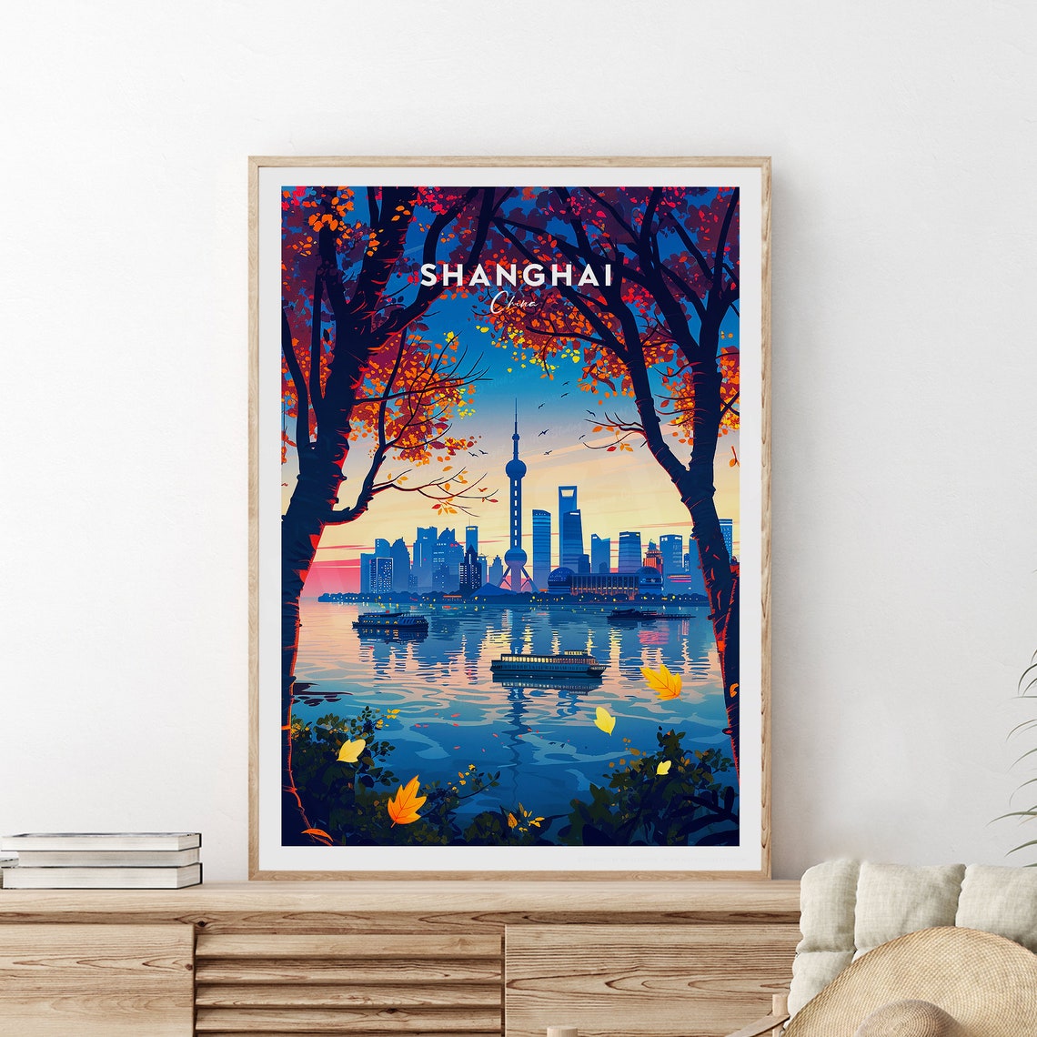Shanghai Oriental Pearl Tower Sunset River Skyline Travel Poster