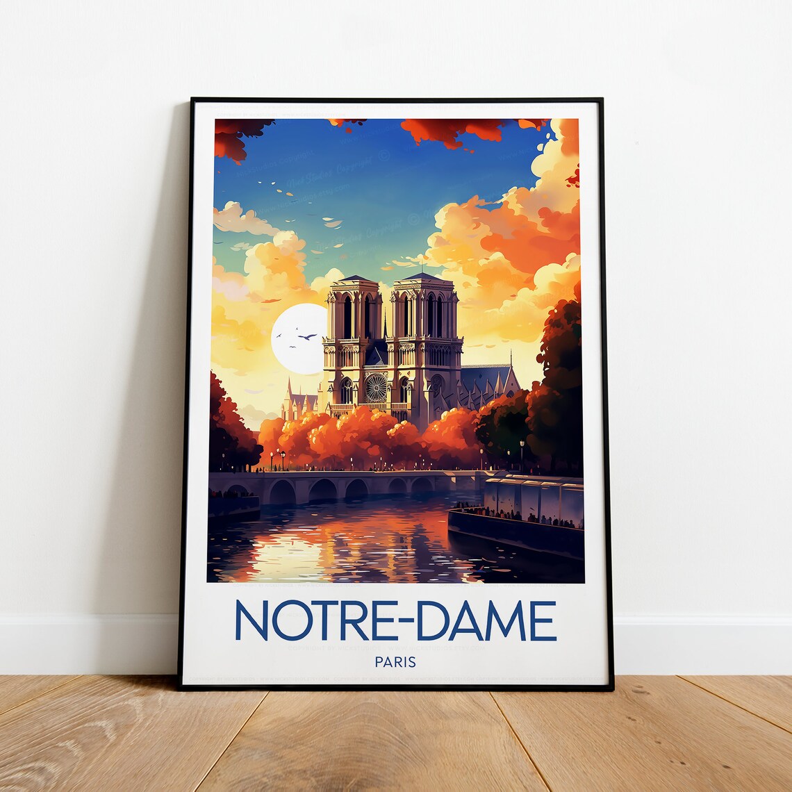 Notre-Dame de Paris Cathedral Sunset Over the Seine Travel Poster