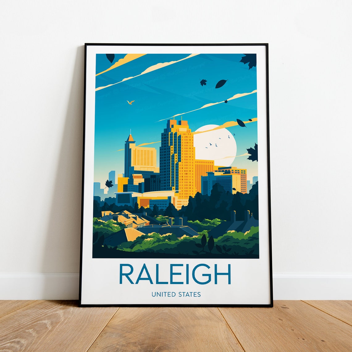 Raleigh North Carolina Golden Downtown Skyline Vintage Travel Poster