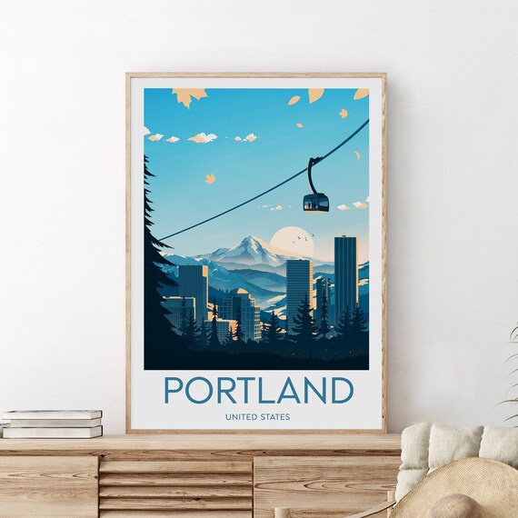 Portland Oregon Skyline with Mount Hood Gondola Travel Poster