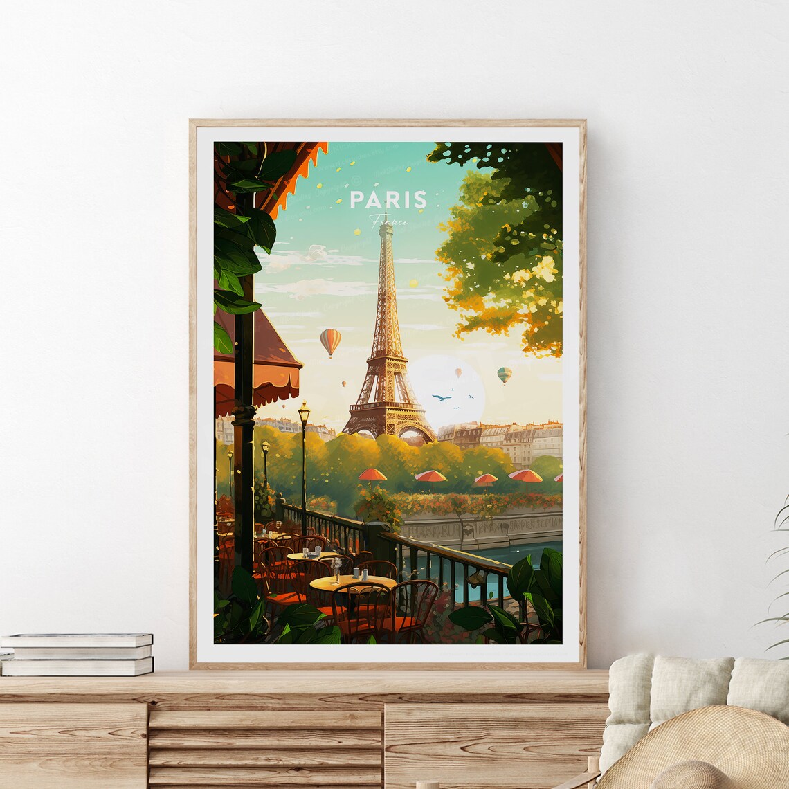 Paris France Eiffel Tower Cafe Terrace Balloon Sunny Travel Poster