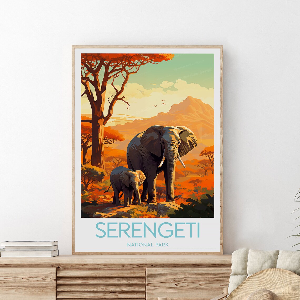 Serengeti National Park Elephants Acacia Tree Safari Travel Poster