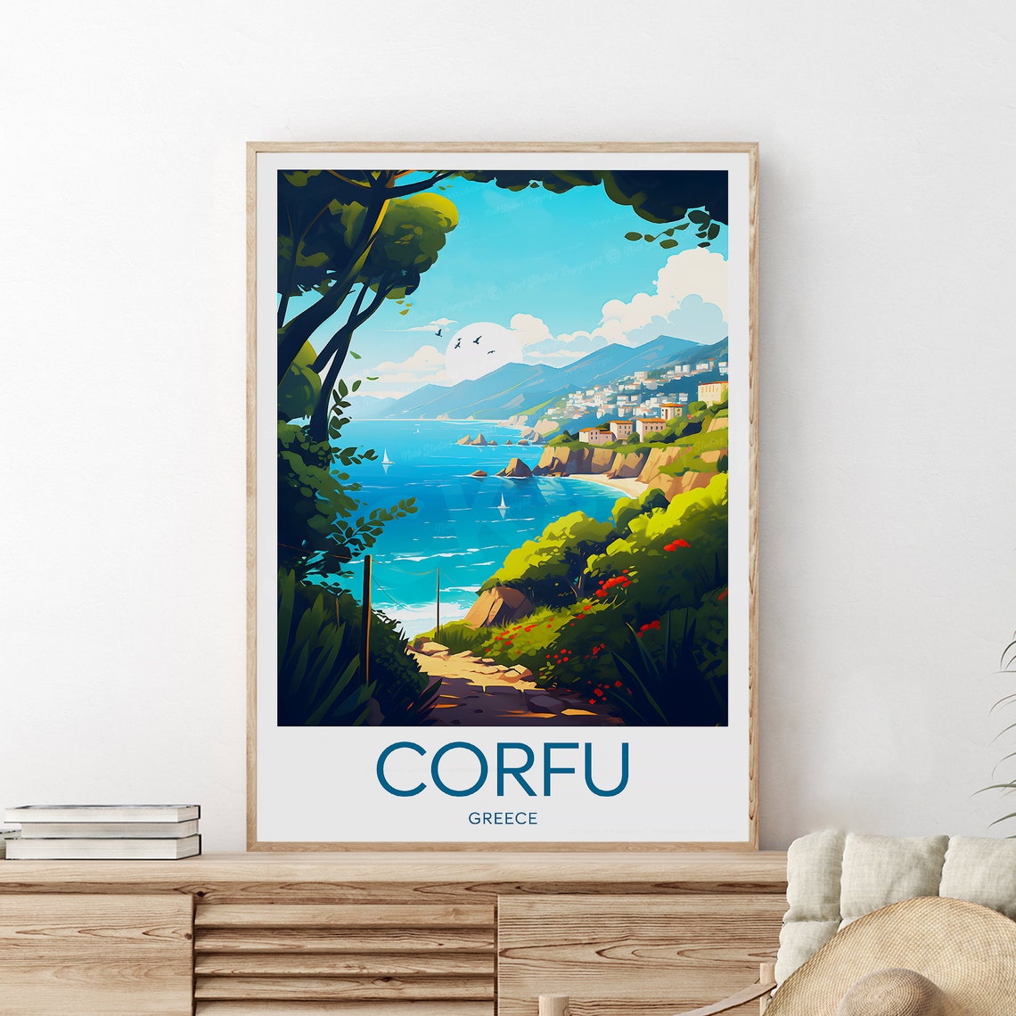 Corfu Greece Turquoise Cove View Through Trees Travel Poster - Image 2