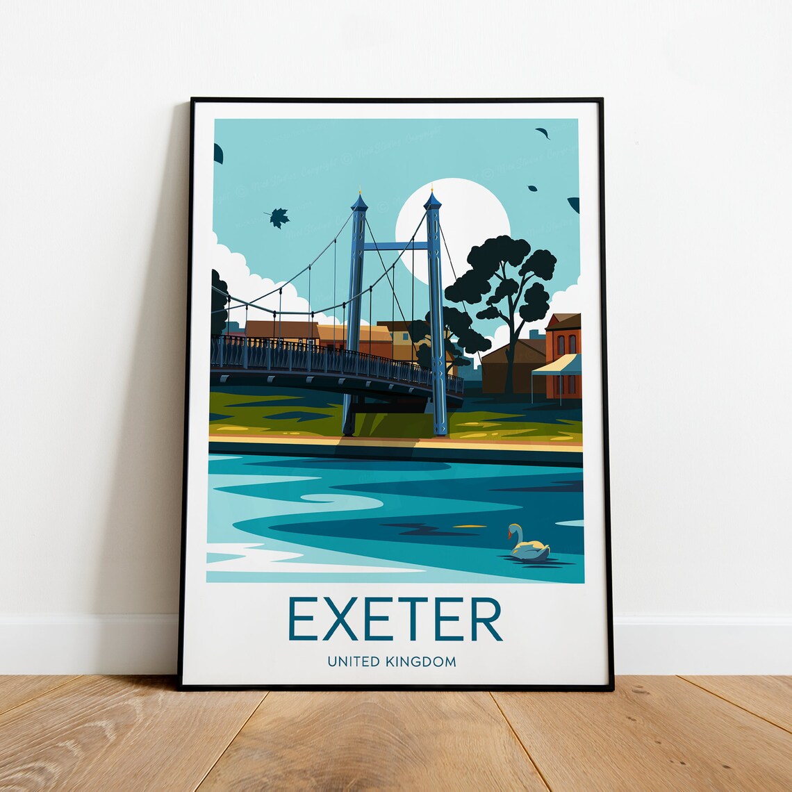 Exeter River Footbridge Swan United Kingdom Riverside Travel Poster