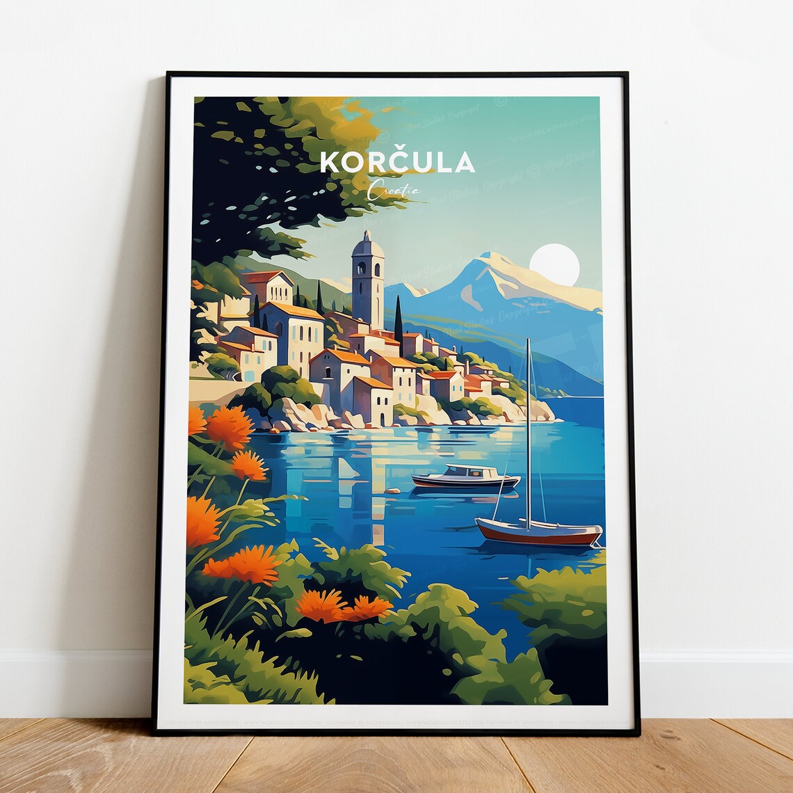 Korcula Croatia Island Old Town Harbor Sailboat Travel Poster