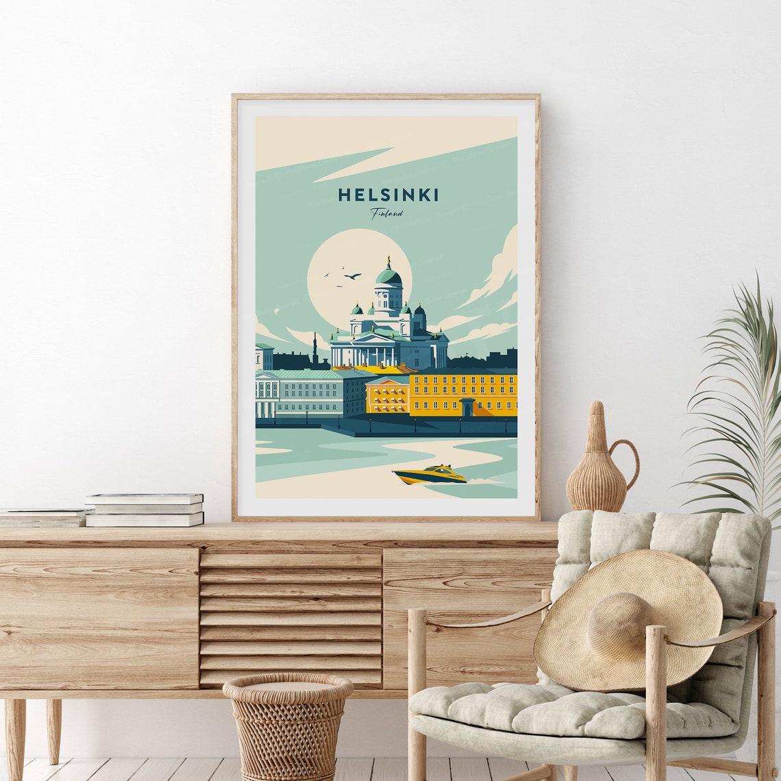 Helsinki Finland Cathedral Harbor Boat Retro Travel Art Poster