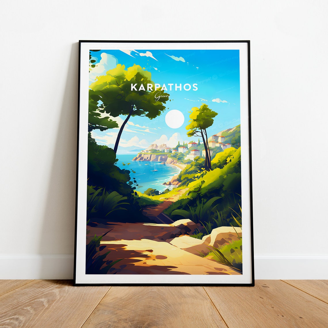 Karpathos Sunlit Cliffs above a Sailboat Cove in Greece Poster