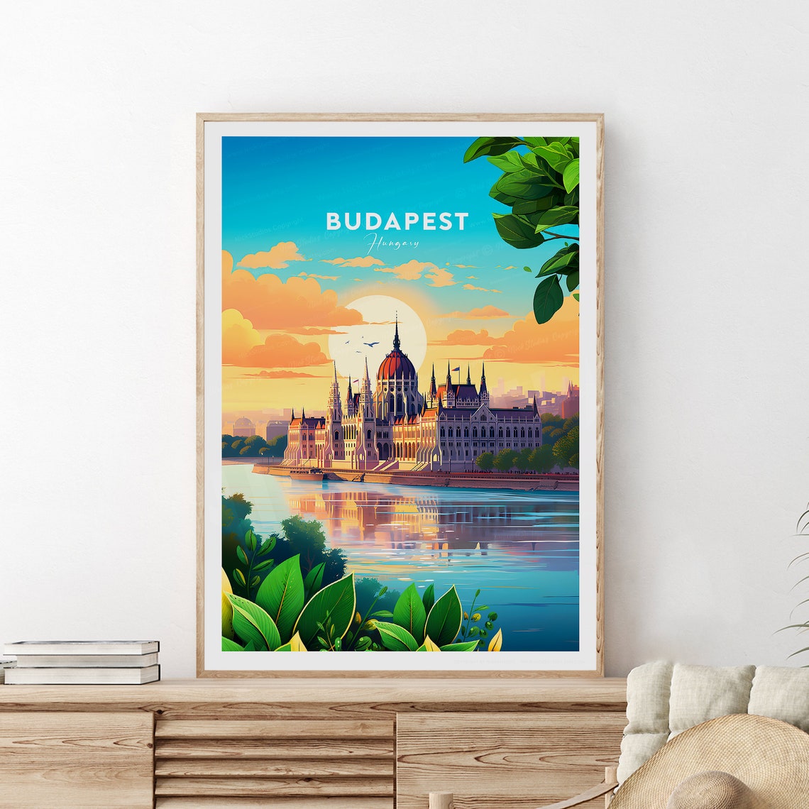 Budapest Hungary Parliament Sunset Danube River Skyline Poster