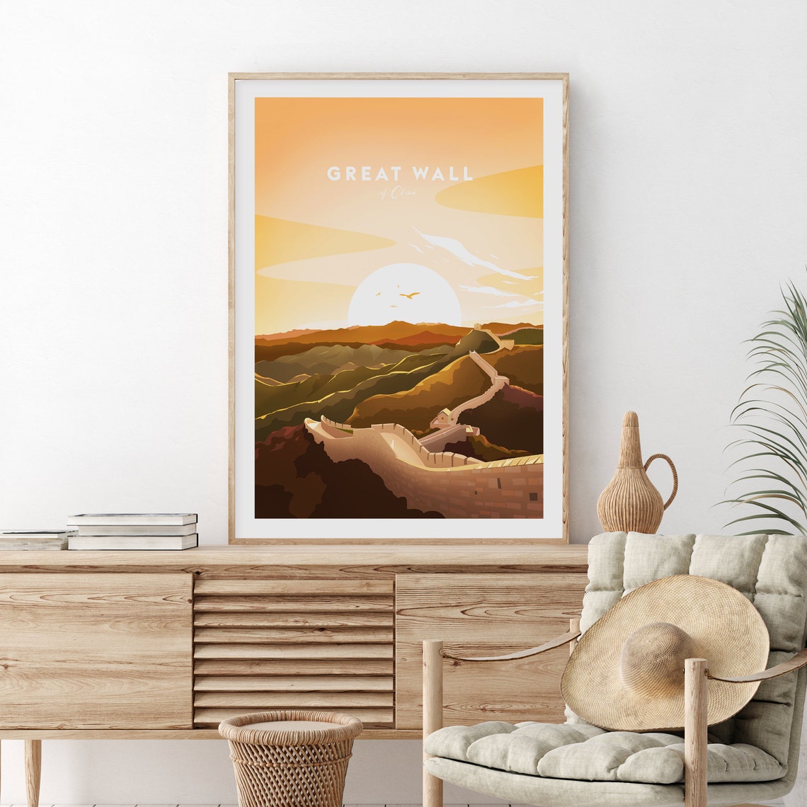 Great Wall of China Sunset Mountain Landscape Travel Art Poster