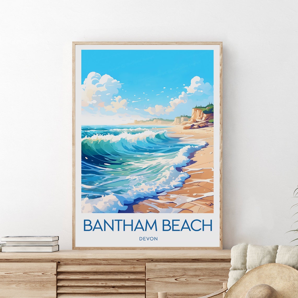 Bantham Beach Devon Crashing Turquoise Waves Sandy Coast Travel Poster