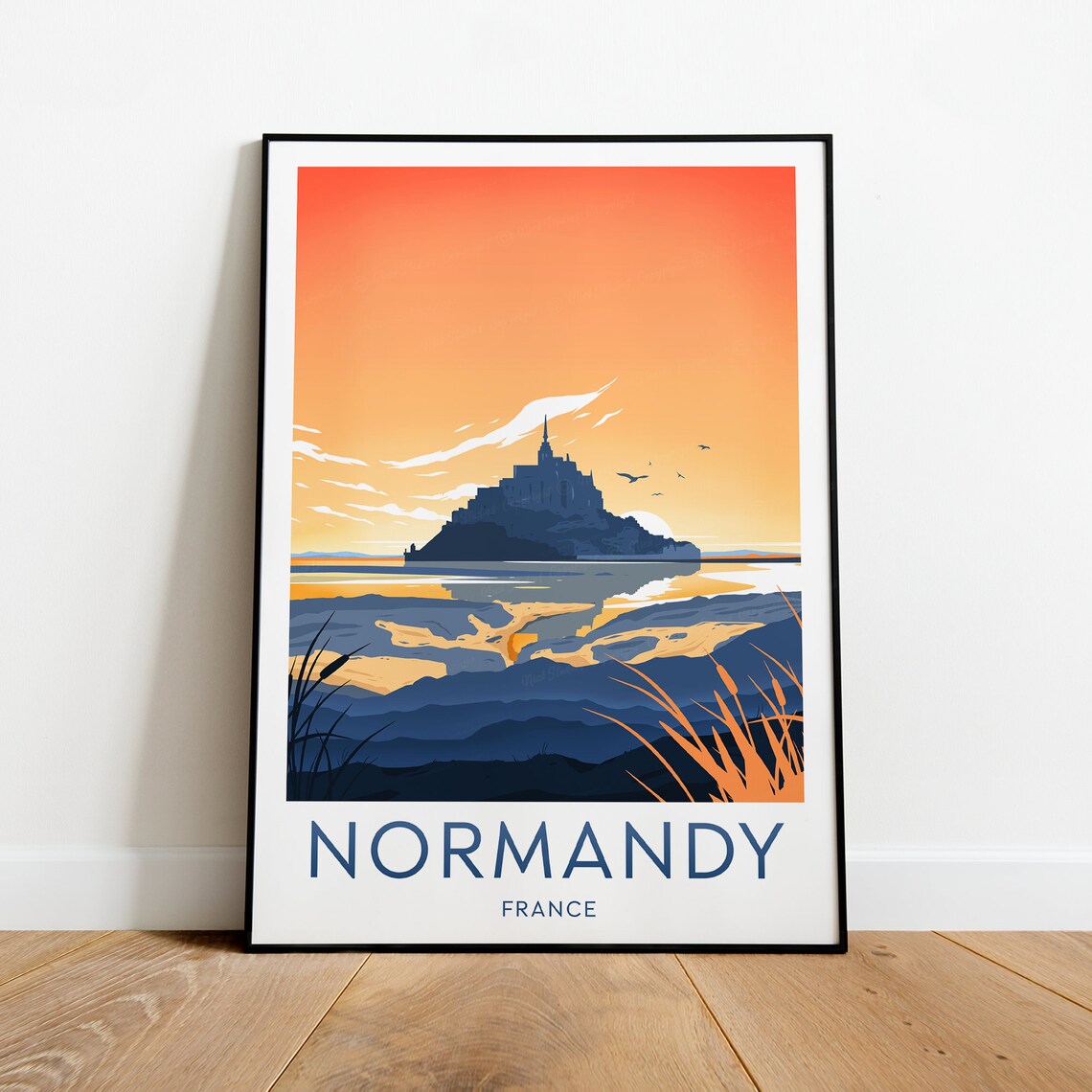 Normandy France Mont Saint Michel Silhouette Sunset Bay Poster - Image 2