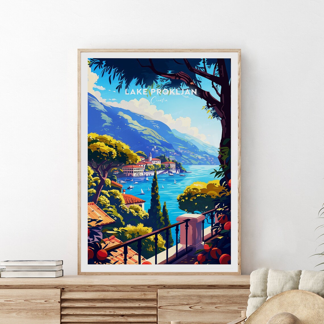Lake Prokljan Croatia Lakeside Village Mountains View Travel Poster