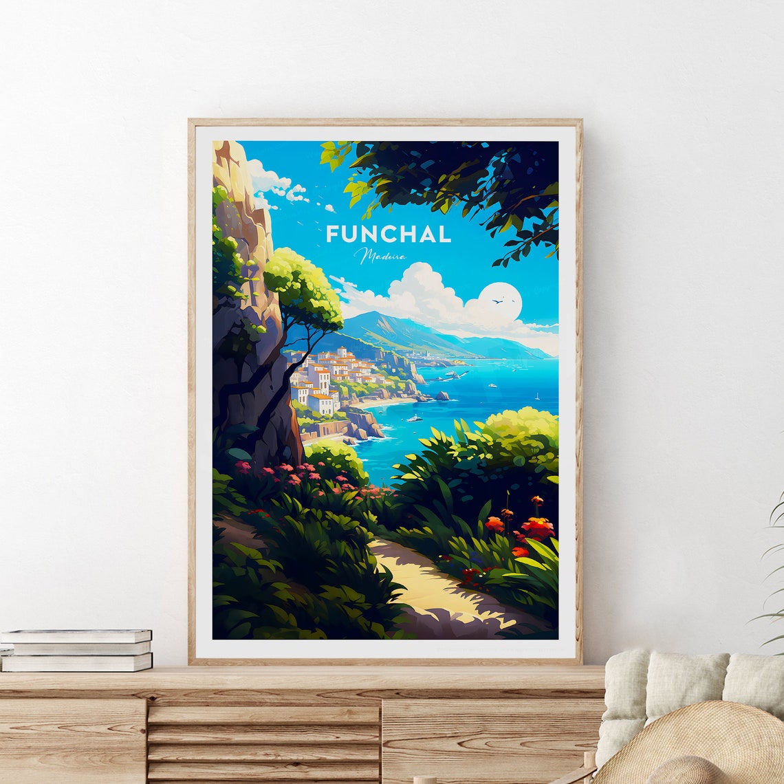 Funchal Madeira Cliffside Path Over Harbor Portugal Travel Poster