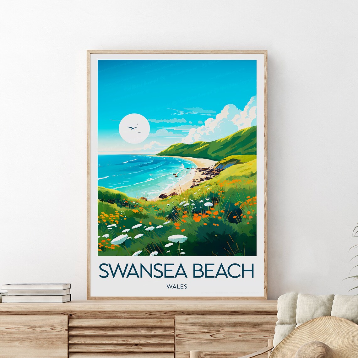 Swansea Beach Wales Wildflower Cliffs Coastal Ocean Bay Travel Poster
