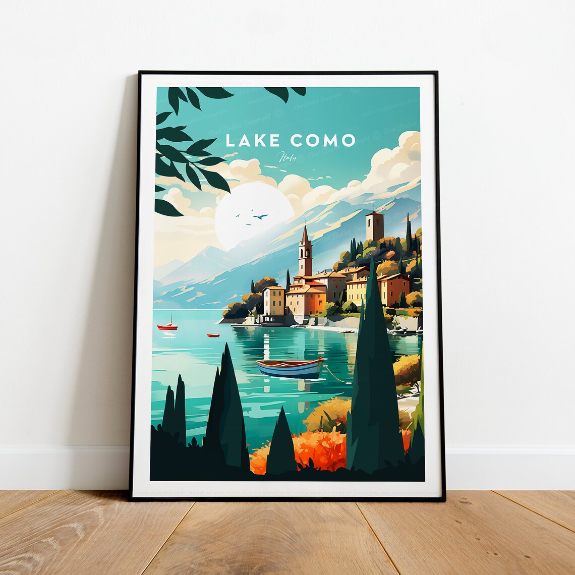 Lake Como Church on the Shore with Cypress and Boats Italy Poster - Image 2