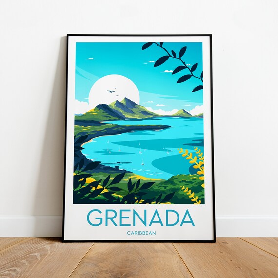 Grenada Caribbean Sailboat Bay Mountains Vintage Travel Poster
