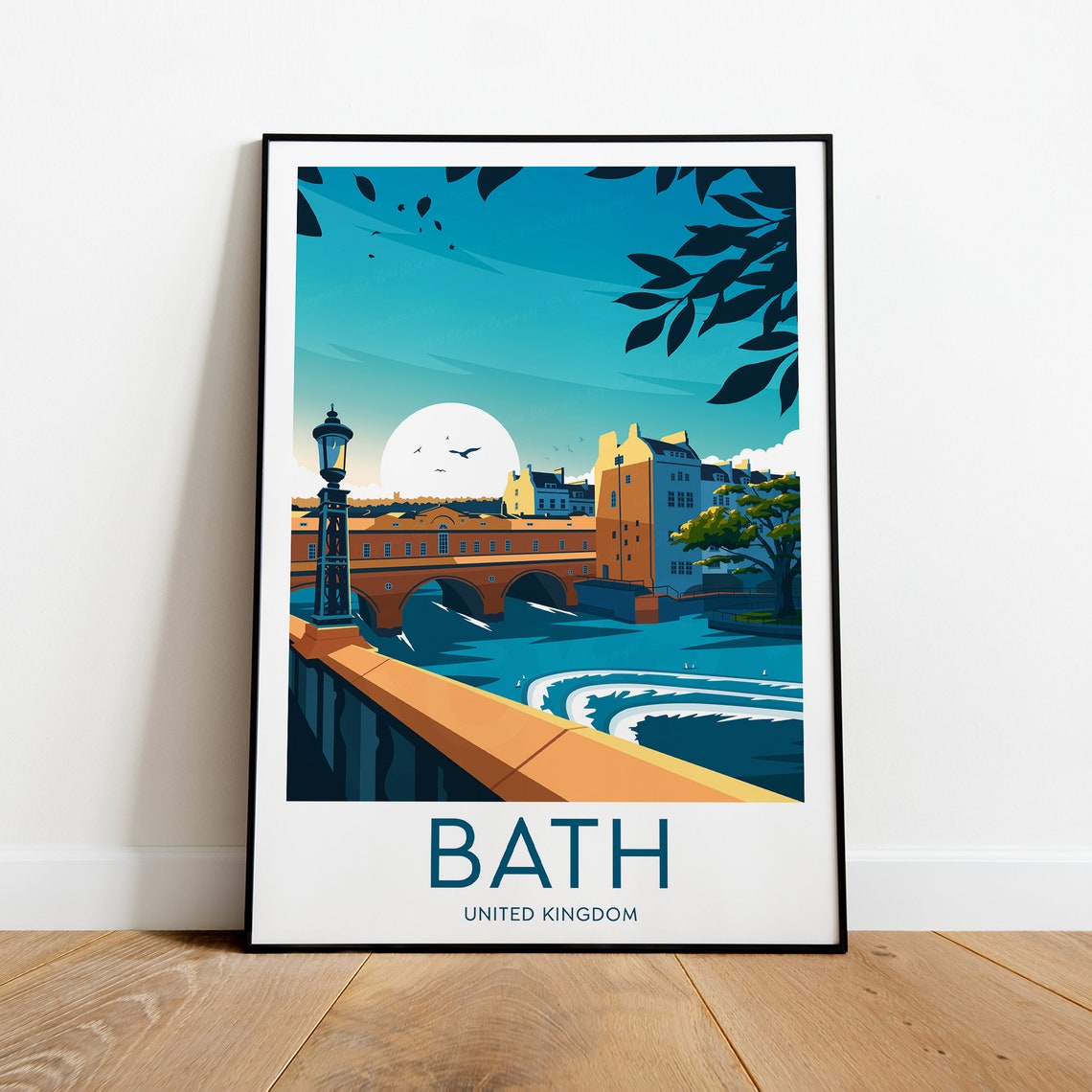 Bath United Kingdom Pulteney Bridge River Avon Sunset Travel Poster