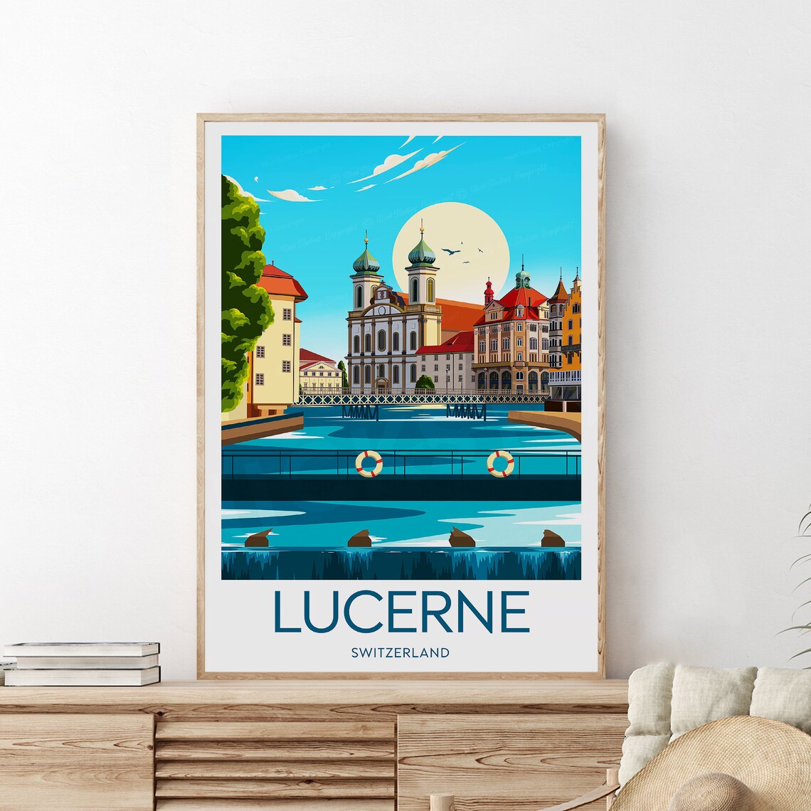 Lucerne Switzerland Riverside Churches Old Town Sunny Travel Poster - Image 2