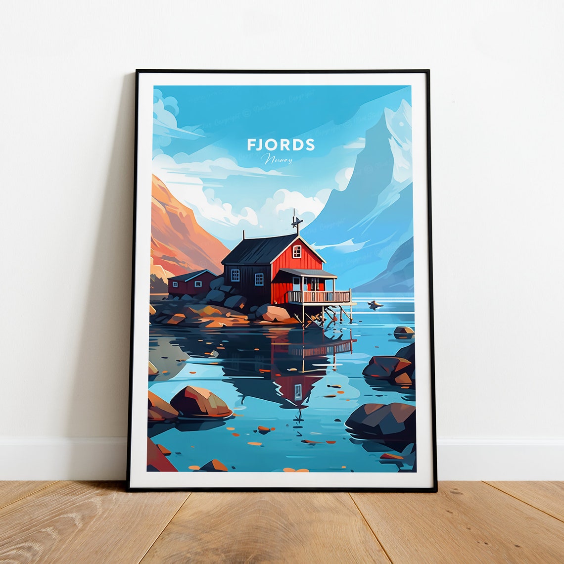 Norway Fjords Red Cabin Water Reflection Mountain Travel Poster - Image 2