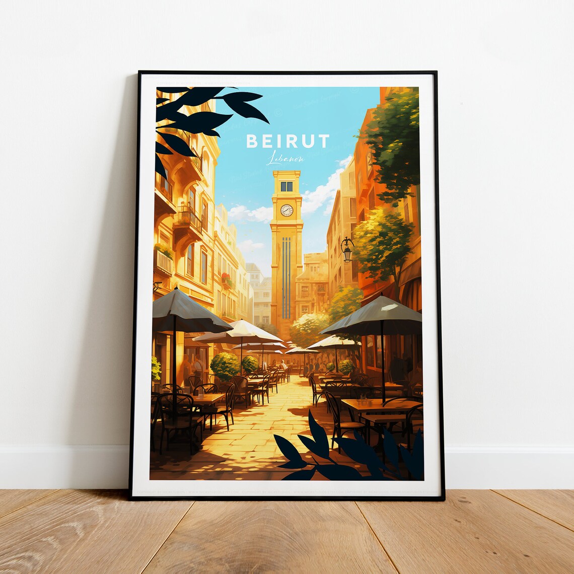 Beirut Lebanon Old City Clock Tower Street Cafe Scene Travel Poster - Image 2