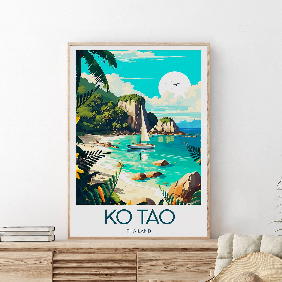 Ko Tao Thailand Island Beach Sailboat Rocky Cliffs Scene Poster - Image 2