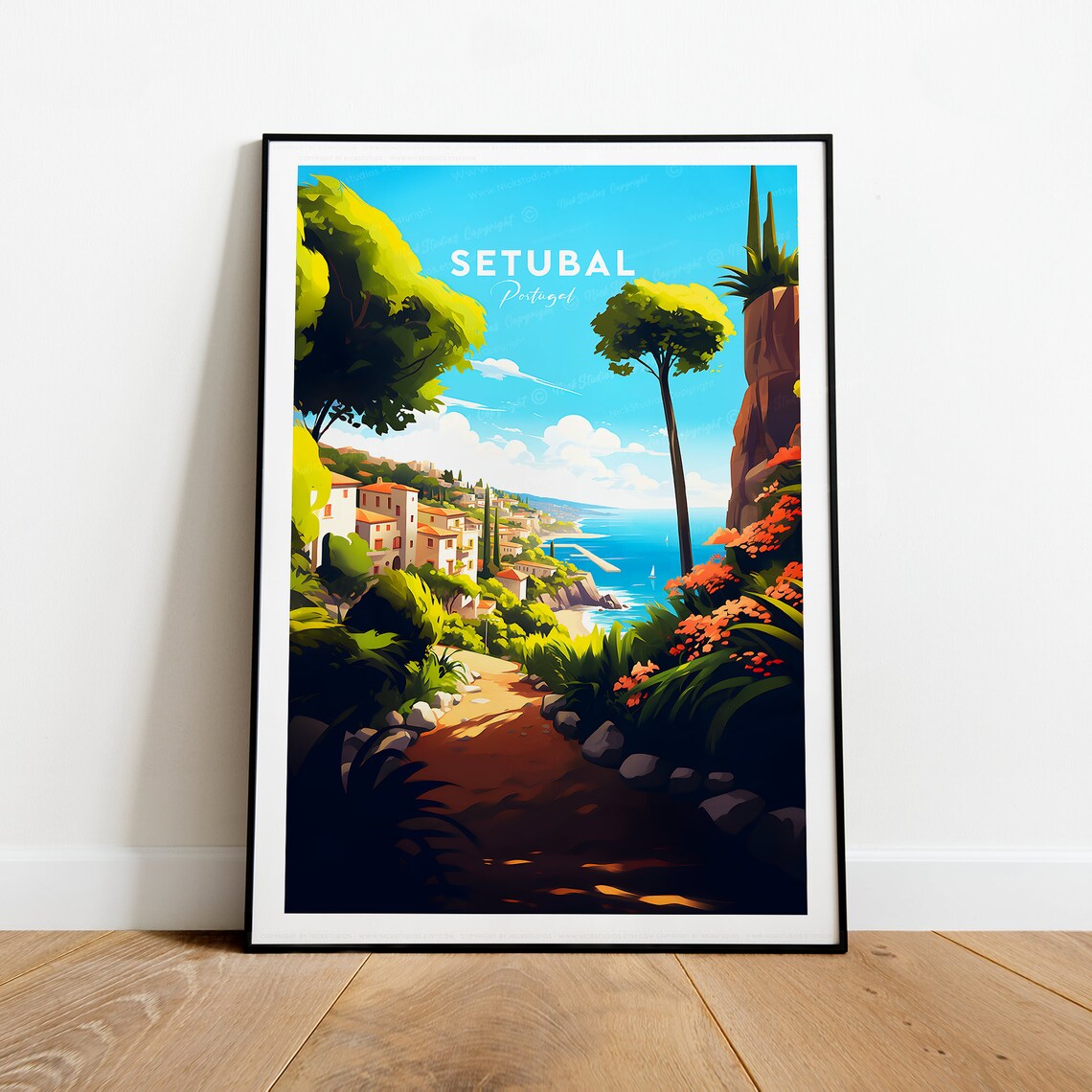 Setubal Portugal Coastal Town Cliffs Garden View Travel Poster