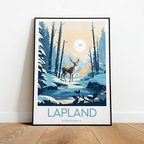 Lapland Reindeer Snowy Forest Winter Moon Scandinavia Poster