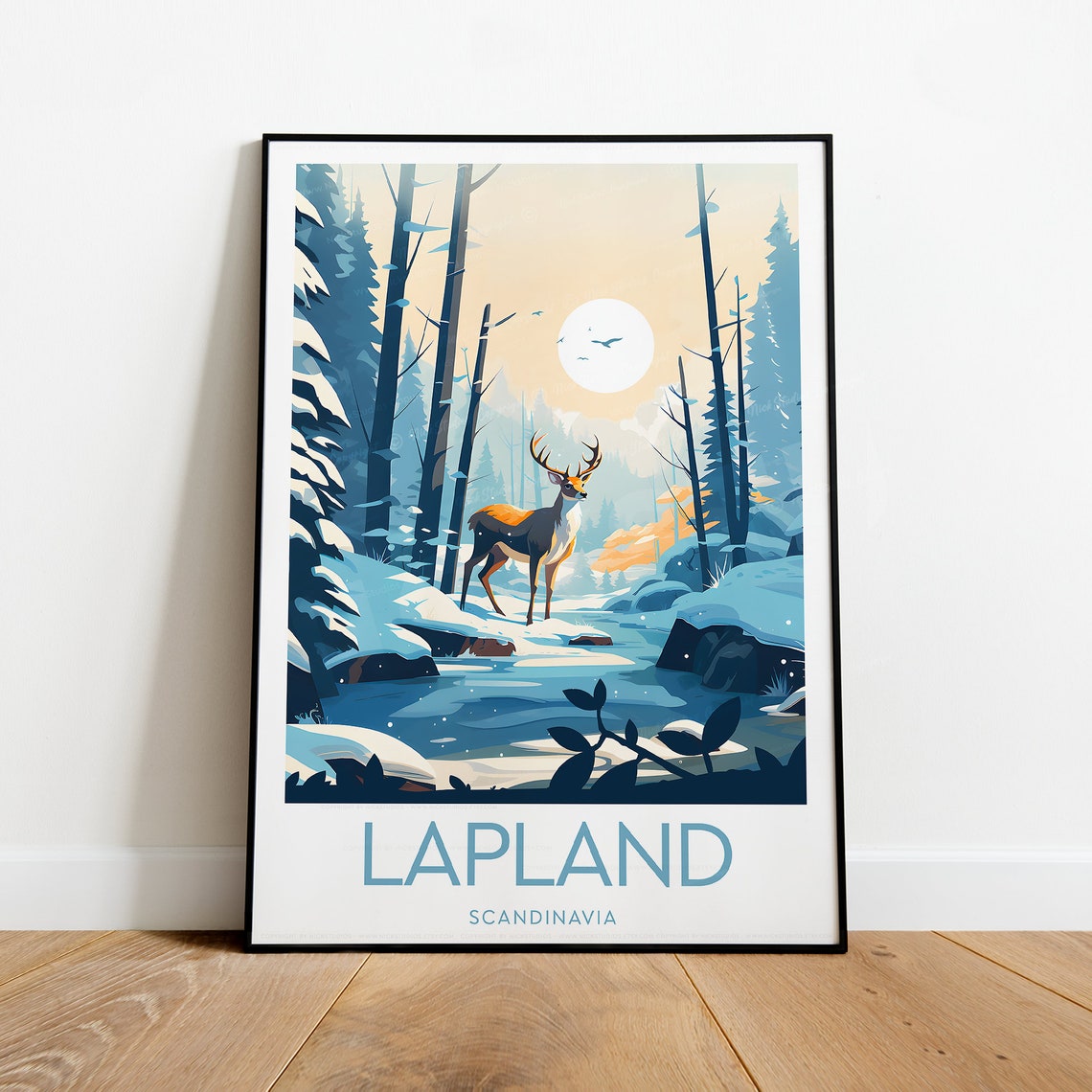 Lapland Reindeer Snowy Forest Winter Moon Scandinavia Poster
