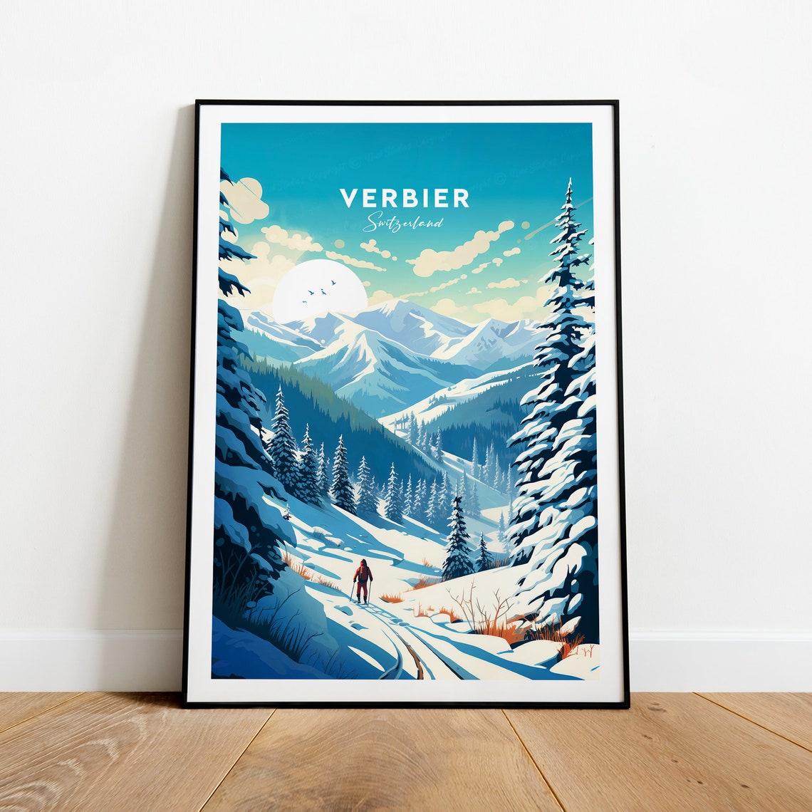 Verbier Switzerland Snowy Pine Forest Skier Winter Travel Poster