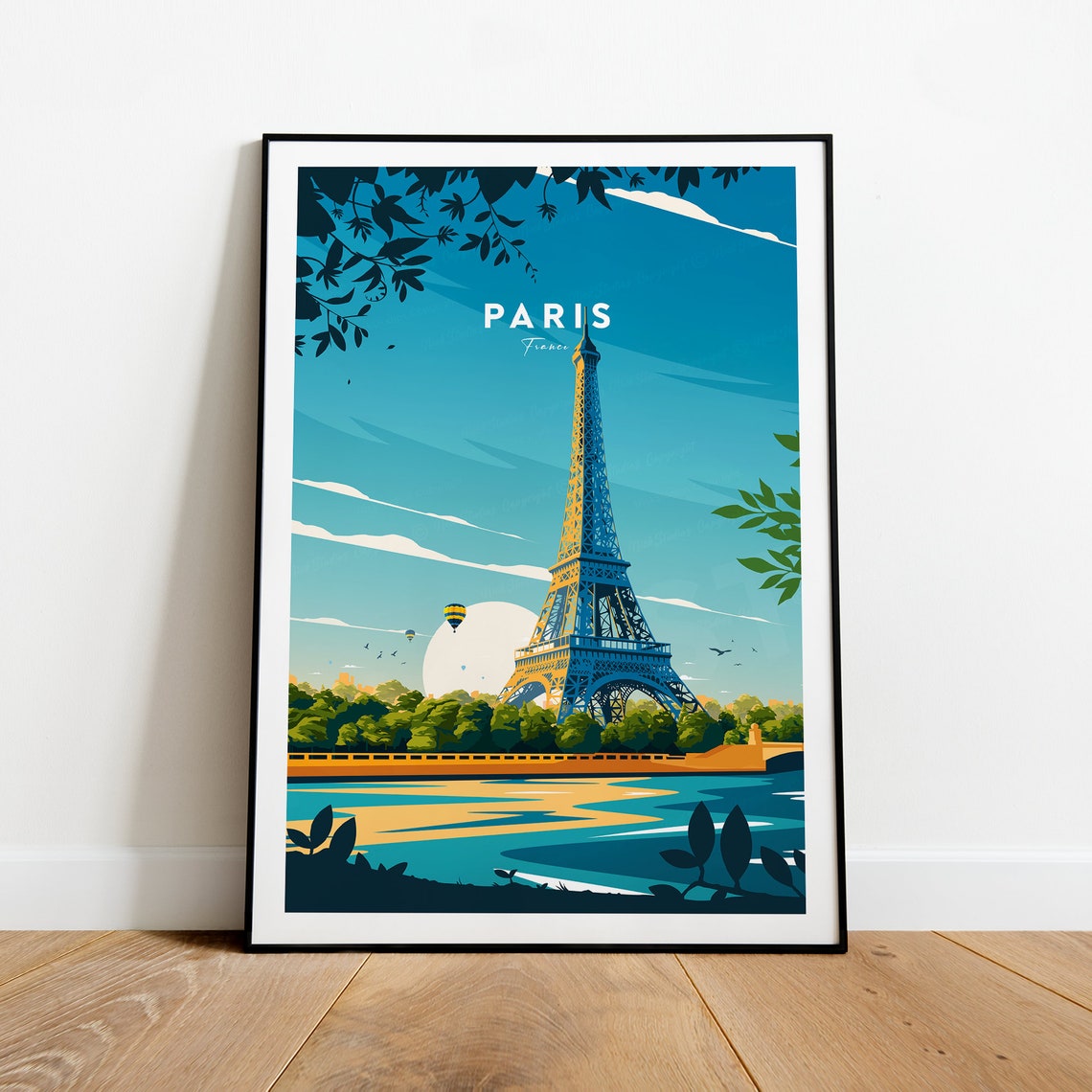Paris France Eiffel Tower Over The River With Hot Air Balloon Poster