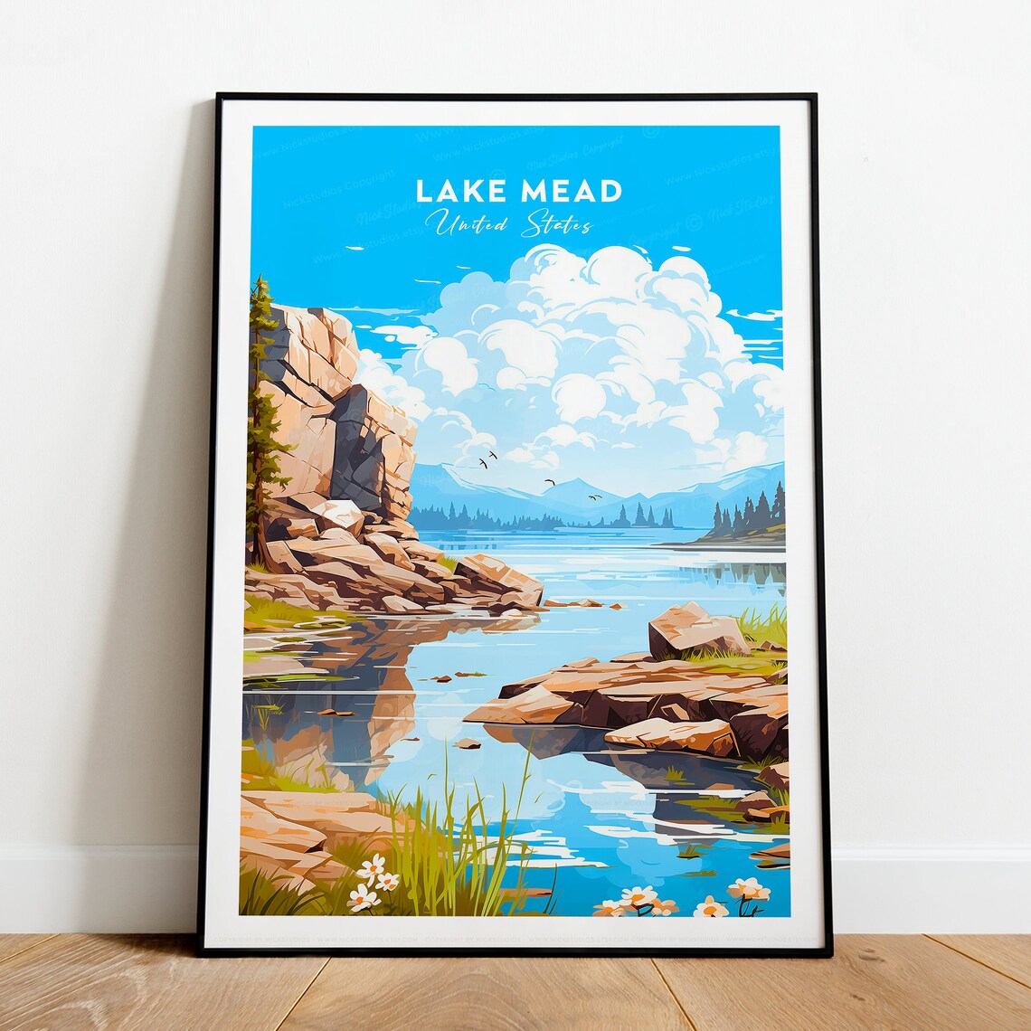 Lake Mead Nevada Rocky Cove Wildflowers Blue Water Travel Poster