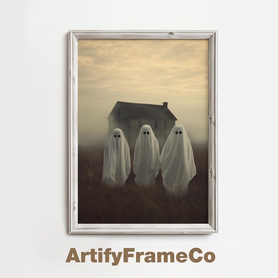 Three Sheet Ghosts In Field Before An Old House At Dusk Poster