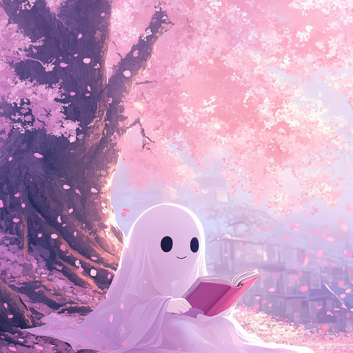 Cute Ghost Under Cherry Blossoms Art Kawaii Halloween Decor Whimsical Pastel Illustration Childrens Art - Image 4