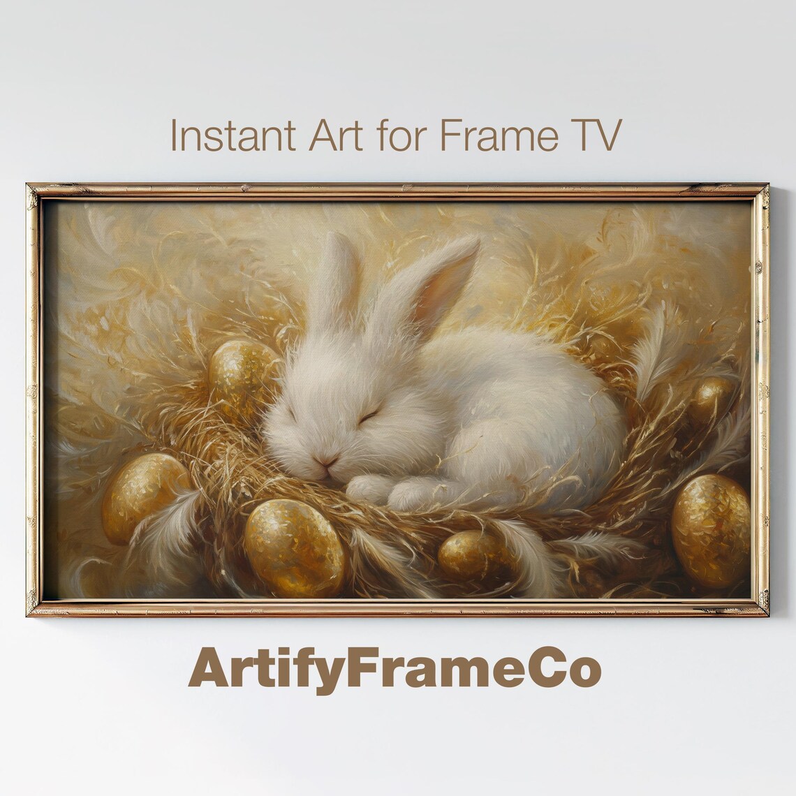 Sleeping Bunny Among Golden Easter Eggs Cozy Spring Wildlife Wall Art Poster