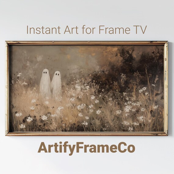 Two Ghosts in a Golden Wildflower Field Vintage Warm Sepia Halloween Wall Art