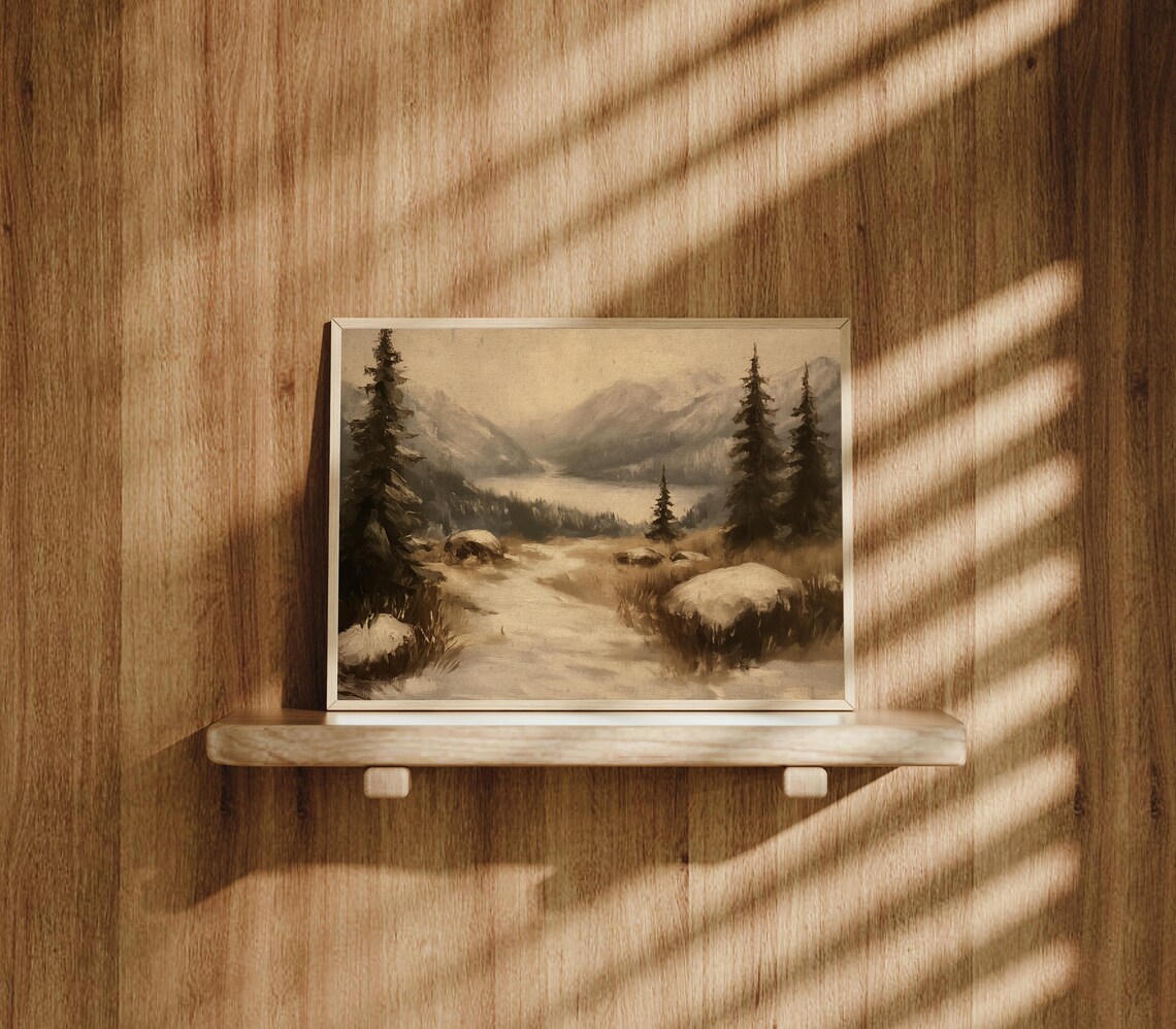 Snowy Mountain Valley Pines Winter Landscape Sepia Vintage Wall Poster - Image 3