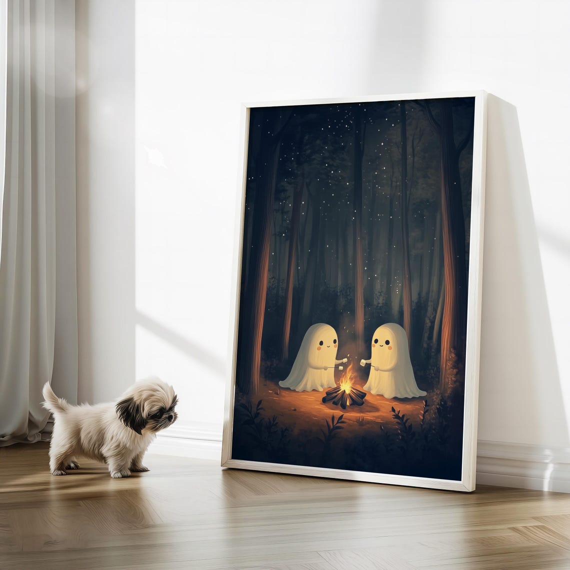 Cute Ghosts Camping Wall Art Kawaii Halloween Decor Ghosts Roasting Marshmallows Trendy Fall Art Home Decor - Image 3