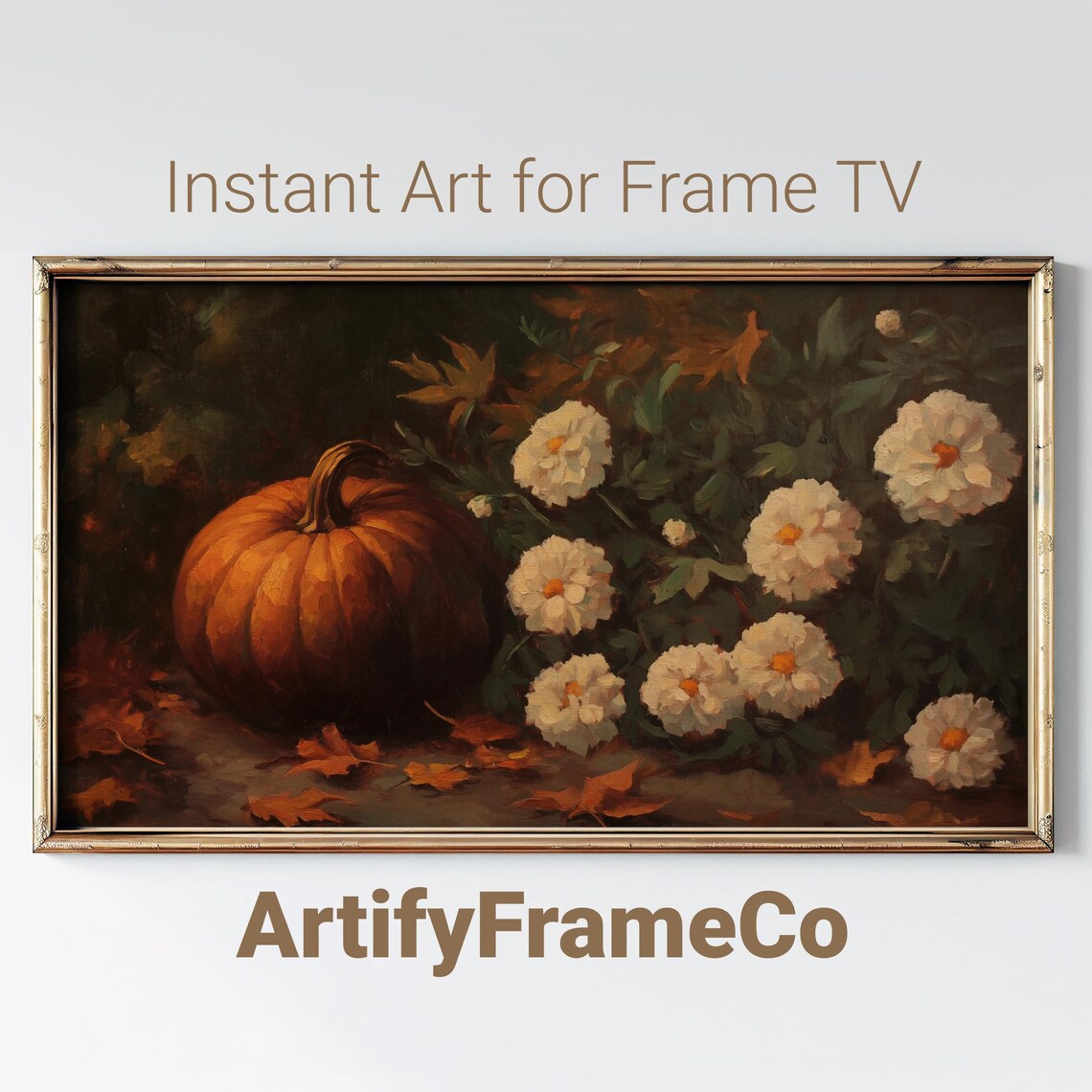Orange Pumpkin With White Chrysanthemums Autumn Still Life Oil Painting Wall Art