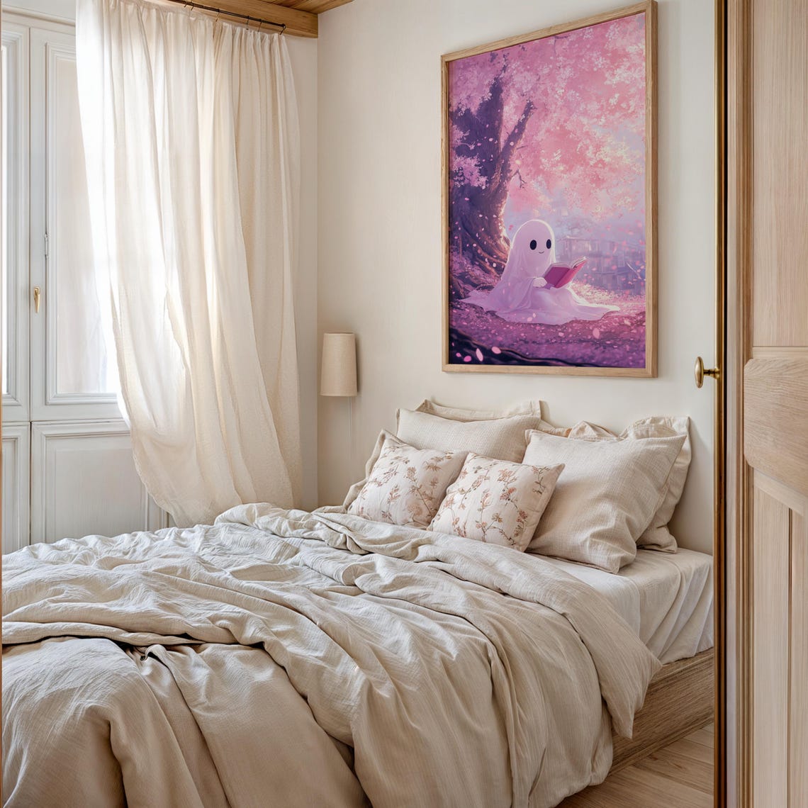 Cute Ghost Reading Book Under Cherry Blossom Tree Anime Poster - Image 2